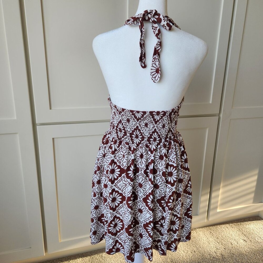 Urban Outfitters Brown White Floral Halter Mini Dress Summer Beach Festival Cute - Picture 2 of 10